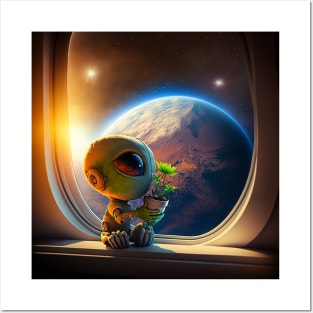 Cute Alien holding a green plant - We come in peace Posters and Art